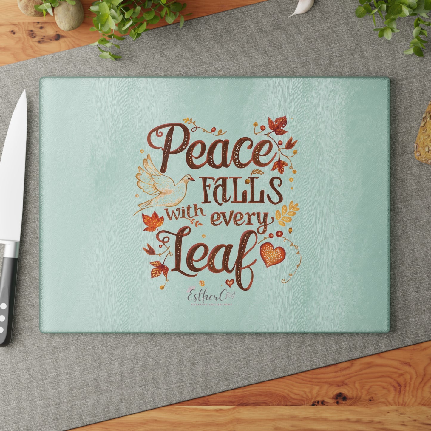 Glass Cutting Board - "Peace Falls With Every Leaf" Autumn Decorative Kitchen Board