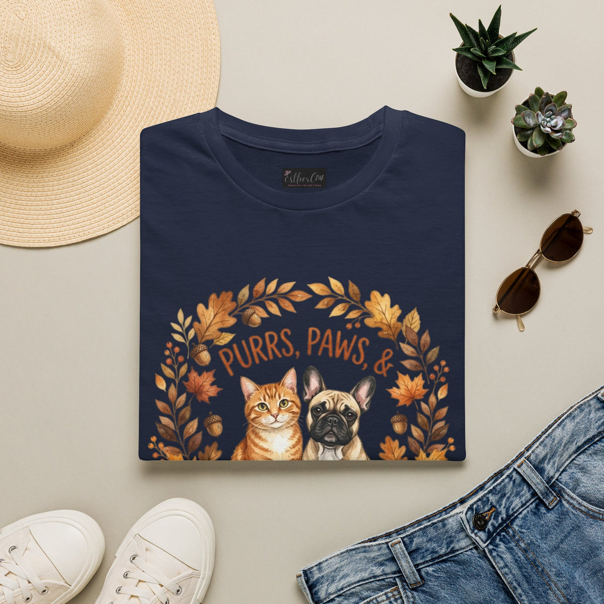 Purrs, Paws & Pumpkin Spice T-Shirt — Fall Cat & Dog Autumn Tee