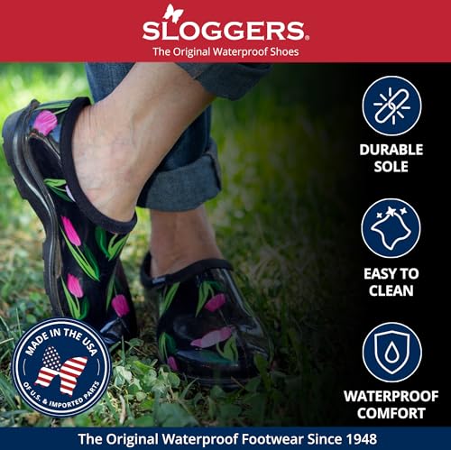 Sloggers Waterproof Garden Shoe for Women – Outdoor Slip On Rain and Garden Clogs with Premium Comfort Insole, (Chickens Daffodil Yellow), (Size 8)