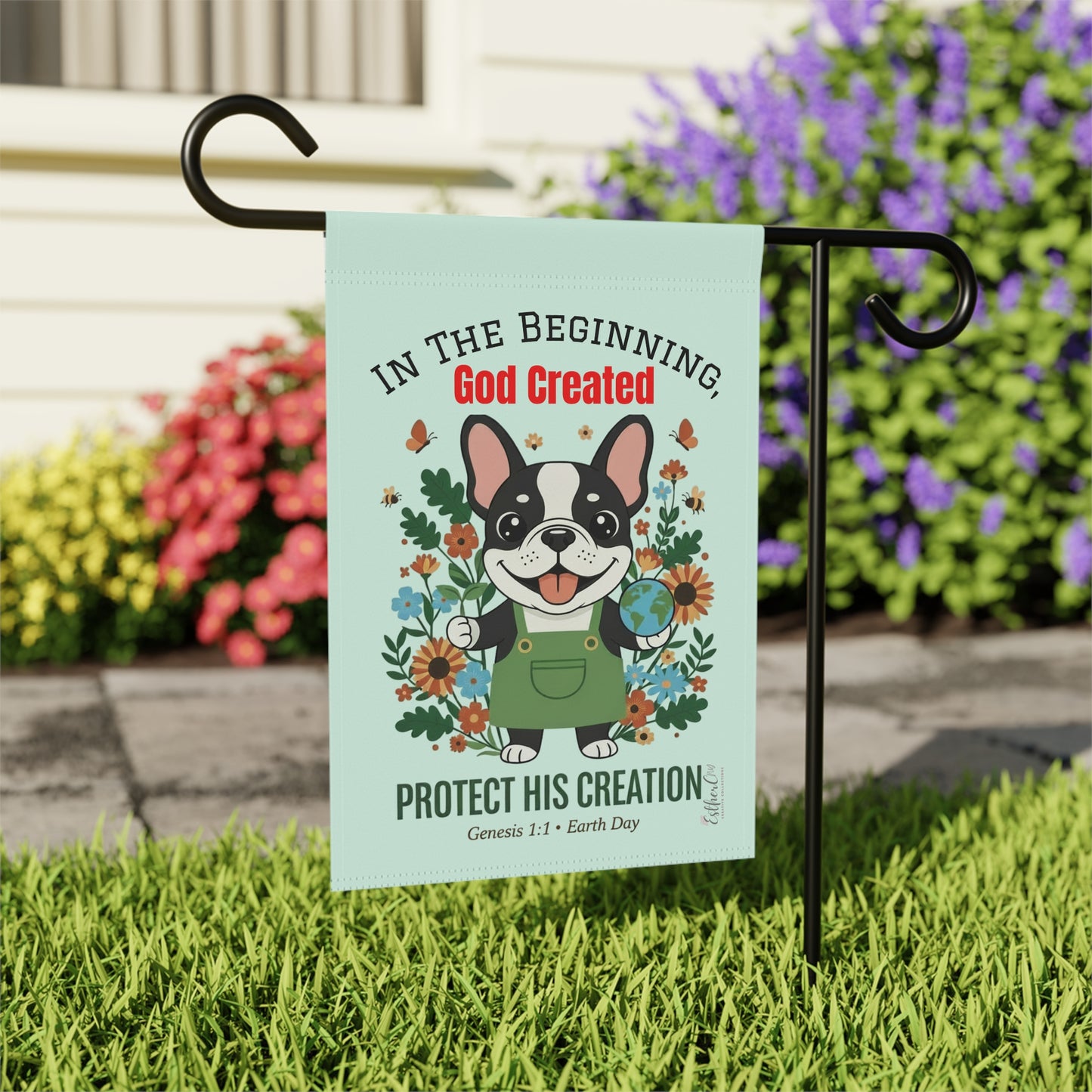 Garden Flag — “Protect His Creation” Floral Dog Garden Banner (Genesis 1:1, Earth Day)