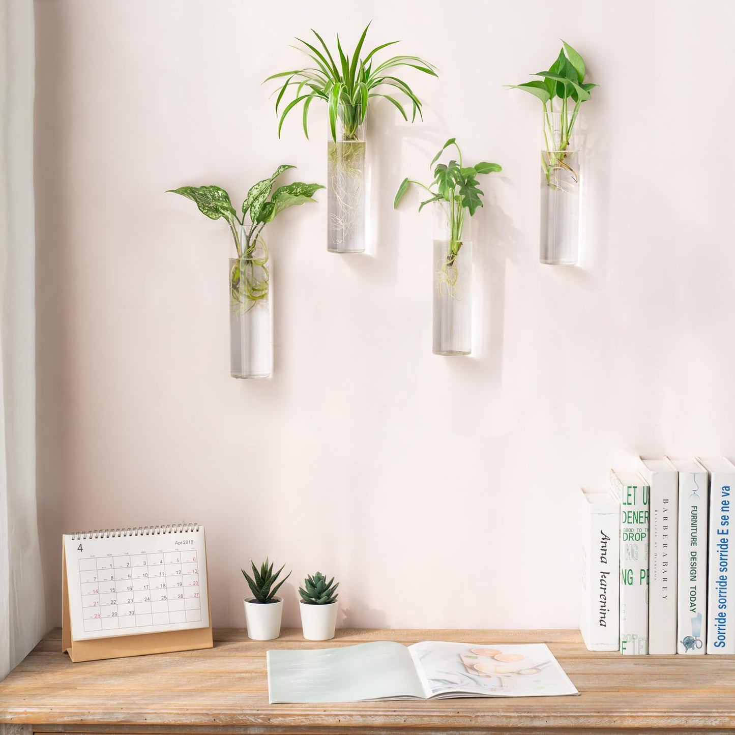 Mkono Wall Planter Propagation Station Hanging Glass Tubes Flower Vase for Hydroponics Plants, Bathroom, Home Office Living Room Decor Gift, Cylinder Set of 4