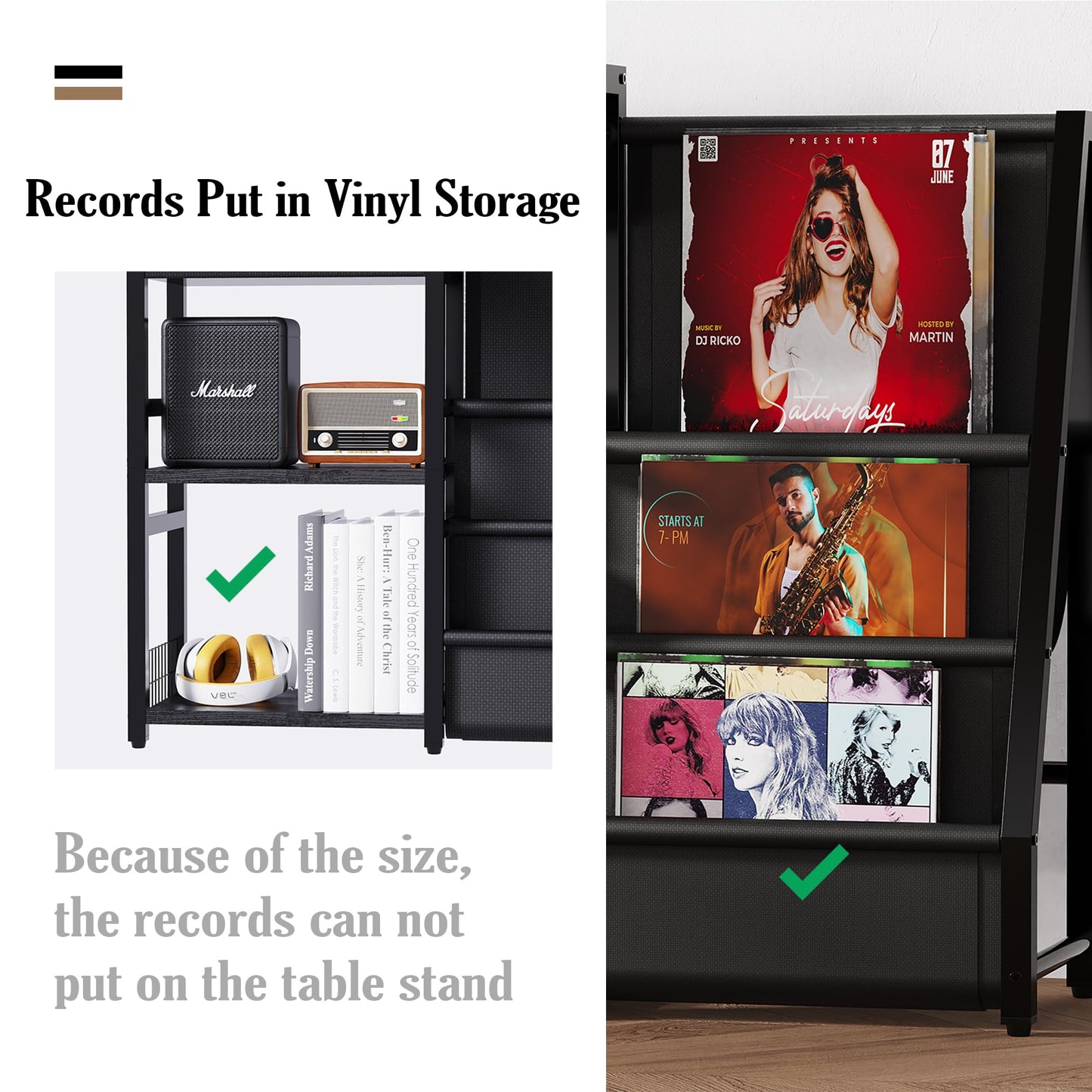 YAKANJ End Table with Vinyl Record Storage,Record Player Stand,3 Tier Turntable Stand with Records Holder,Stand Table for Media Stereo Speaker,Amplifiers,Magazines-Rustic Black