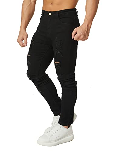 HUNGSON Men's Stretchy Ripped Skinny Biker Jeans Taped Slim Fit Denim Pants