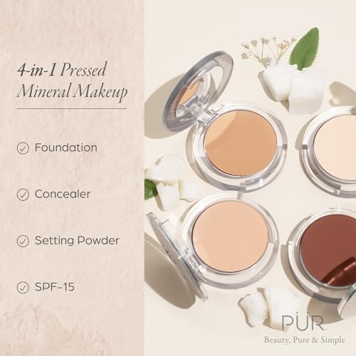 PÜR Beauty 4-in-1 Pressed Mineral Makeup SPF 15 Powder Foundation with Concealer & Finishing Powder- Medium to Full Coverage Foundation- Mineral-Based Powder- Cruelty-Free & Vegan Friendly, Light