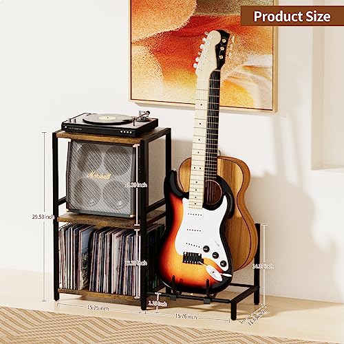 YAKANJ Mesa auxiliar con soporte para guitarra, soporte para tocadiscos, almacenamiento de discos de vinilo, soporte para guitarra acústica, eléctrica, bajo, mesa auxiliar para sala de música, estudio, sala de estar, color marrón