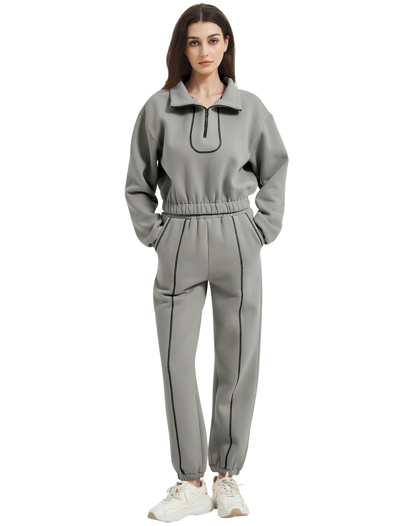 Eisctnd Conjunto de chándal de 2 piezas de forro polar con media cremallera para mujer, conjunto de chándal de 2 piezas, color gris claro S