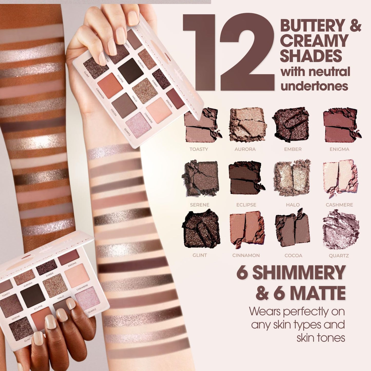 Paleta de sombras de ojos Lamora Nude - 12 tonos mate y brillantes pigmentados neutros - Sombra de ojos tamaño viaje con espejo