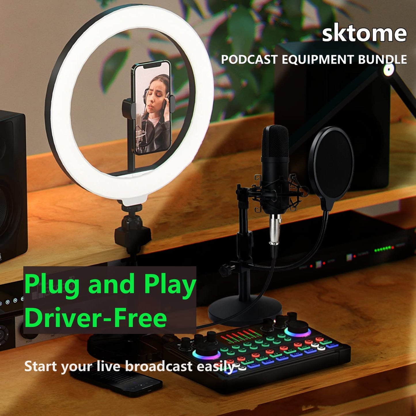 sktome M300-ZM01 XLR Microphone Bundle, 48V, Adjustable Stand, Dual DSP Noise Reduction, 4 Voice Changers, RGB Lighting, 12 Month Warranty