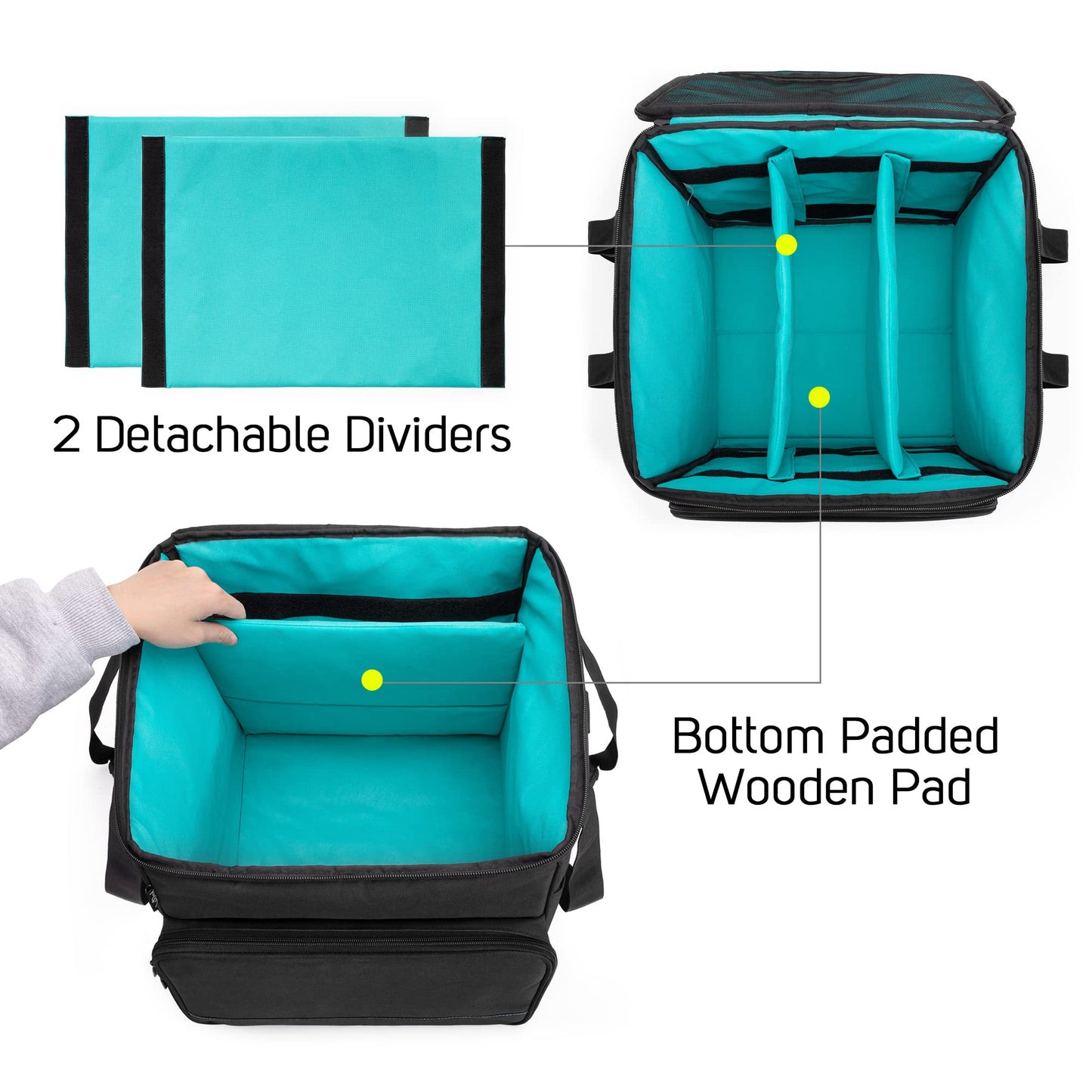 LoDrid Vinyl Record Carrying Bag with Bottom Padded Pad, Album Storage Case with 2 Detachable Dividers Holds up to 60 LP Records, for Travel and Collection, Patented Design, Bag Only, Black