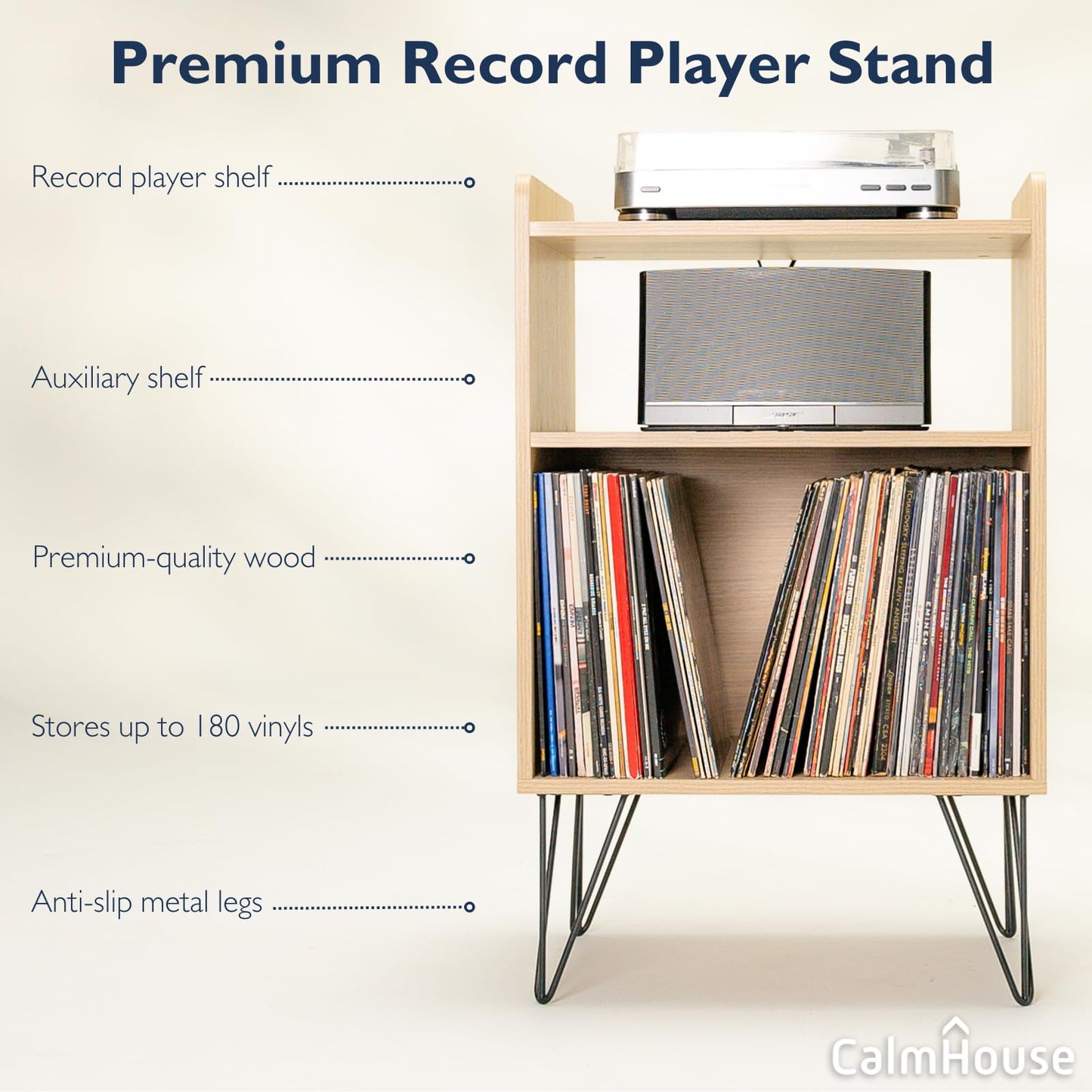 CalmHouse Soporte para tocadiscos con patas de metal - Soporte para tocadiscos de 3 niveles - 21 x 16 x 33 pulgadas - Almacena hasta 180 álbumes - Perfecto para sala de estar, oficina (madera de haya clara)