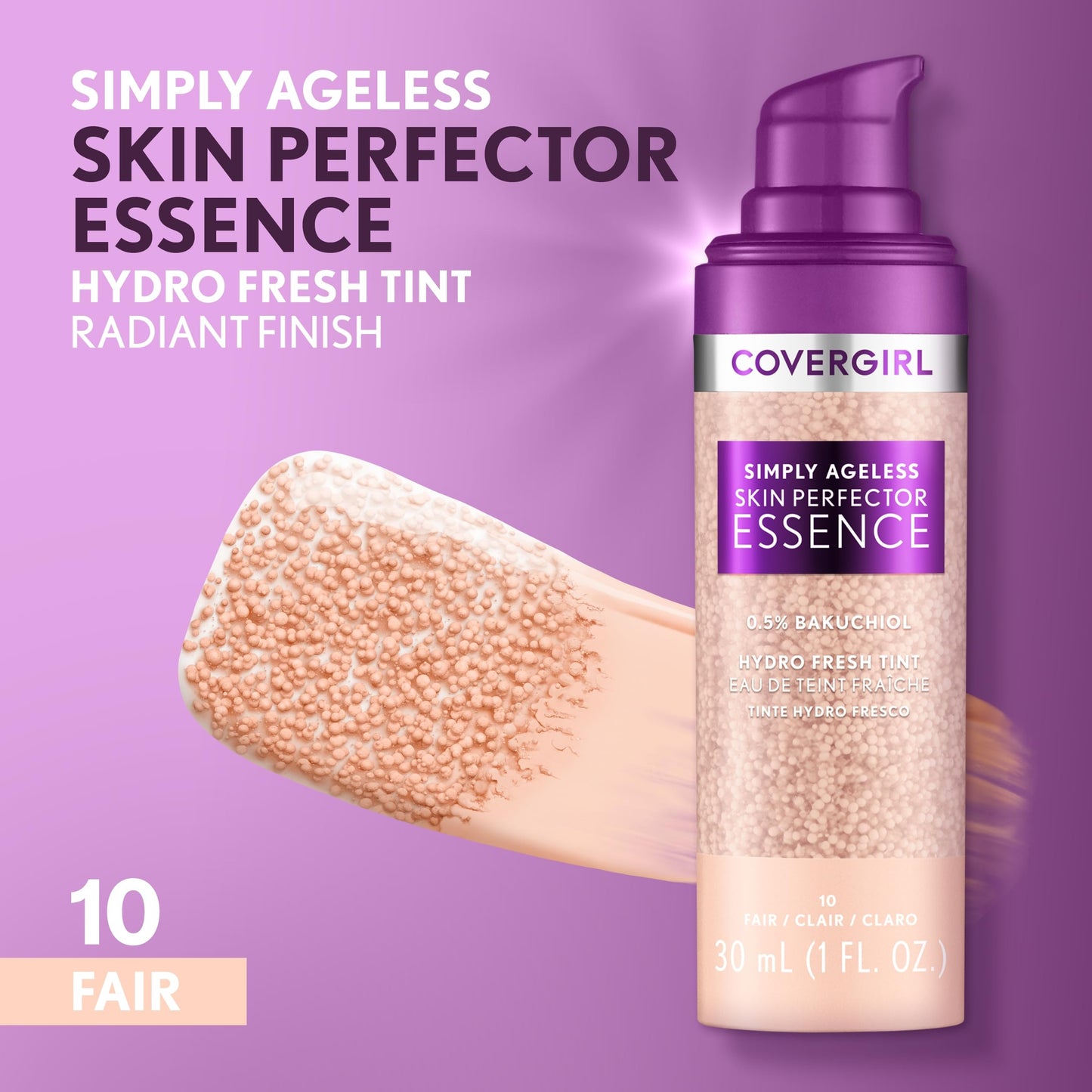 Covergirl Simply Ageless Skin Perfector Essence Foundation, 10 Fair, Tinted Skin Perfector, Skincare Makeup Hybrid, Sheer Tint, Radiant Finish, Skin-Like Finish, Vegan Formula, 1.0oz