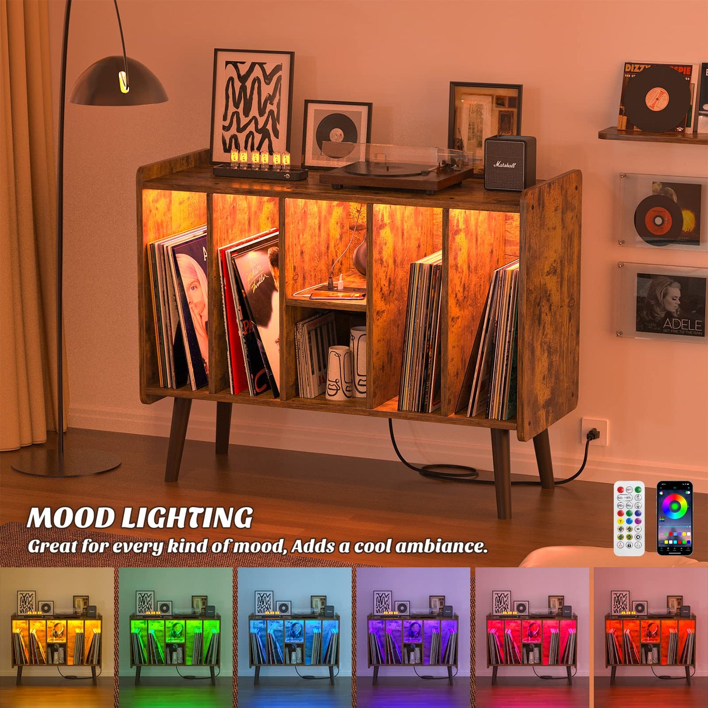 Unikito Large Record Player Stand with Vinyl Storage and LED Light, Vinyl Record Storage Cabinet with Power Outlet, Record Player Table, Turntable Stand with Wood Legs for Living Room, Bedroom, Office