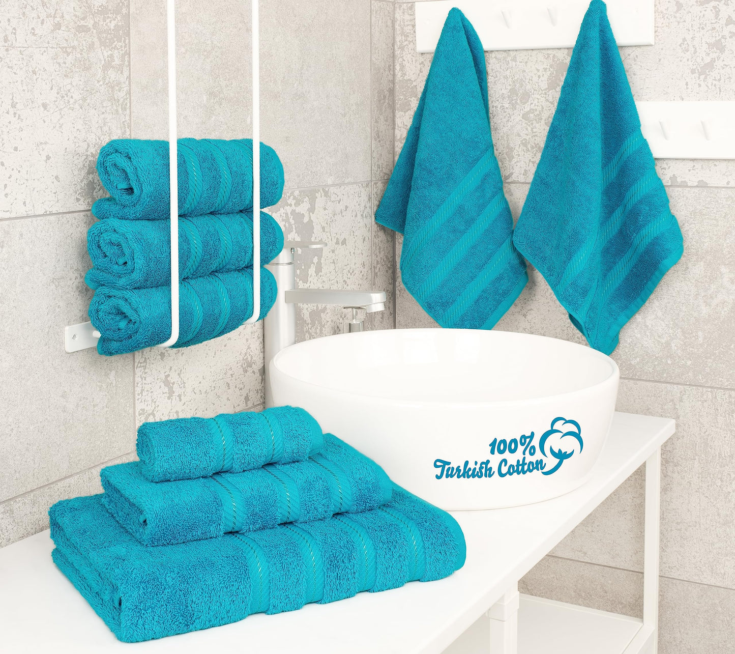 American Soft Linen Luxury 6 Piece Bathroom Set, 100% Turkish Cotton Towels in Aqua Blue