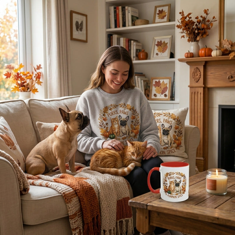 Cozy autumn scene with a woman on a couch, an orange tabby cat, a French bulldog, and matching pet-design sweatshirt, cushion, and mug.