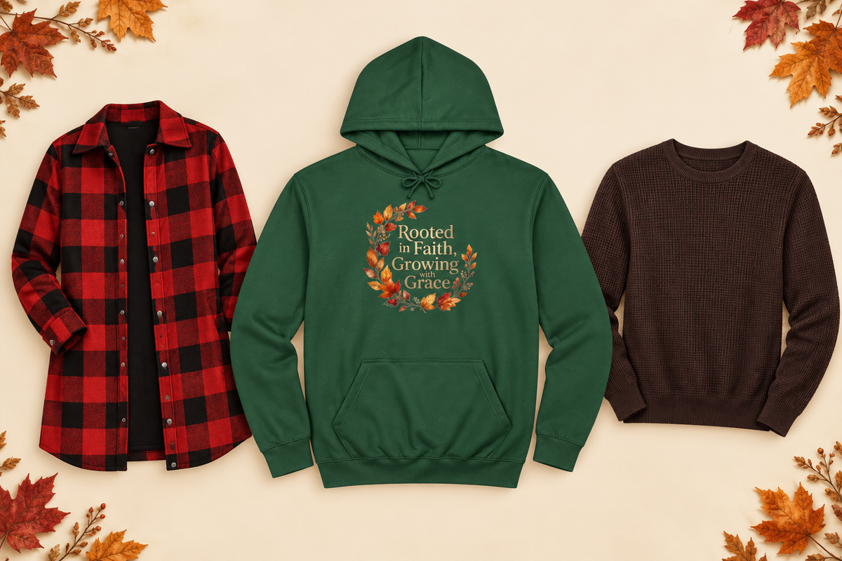 Autumn collection cover featuring a green fall hoodie, women's plaid jacket, and men's brown knit top
