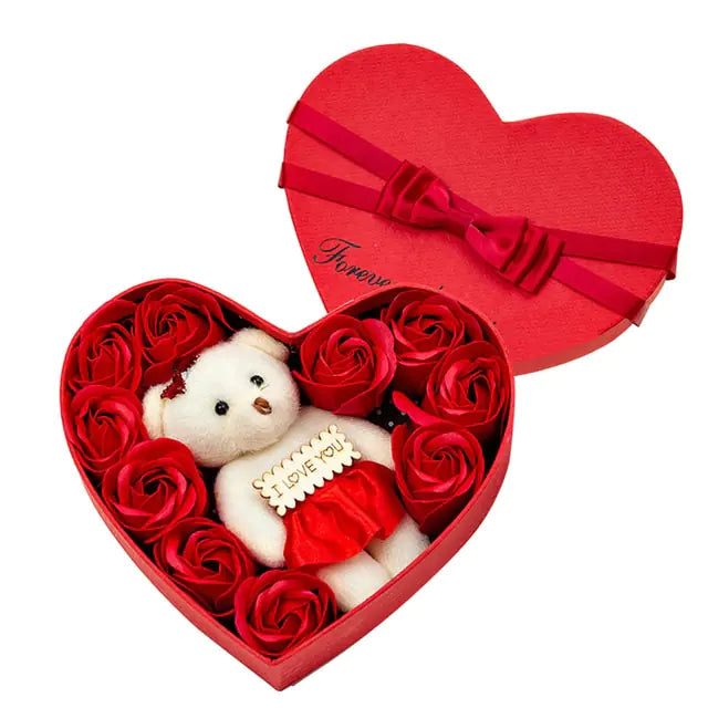 Caja de regalo con forma de flor de jabón, 10 pétalos de rosa perfumados para el Día de San Valentín con oso, regalo de boda, cumpleaños y Navidad para novia, 10
