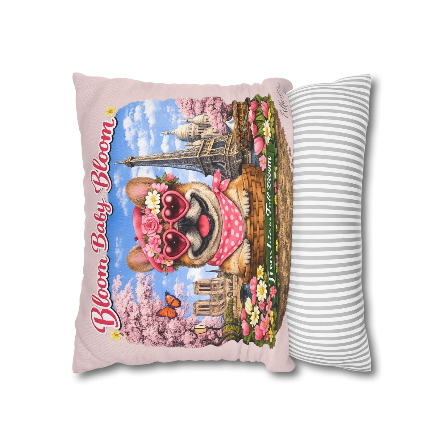 Frenchie in Full Bloom Square Pillow — "Bloom Baby Bloom" Floral Dog Decor