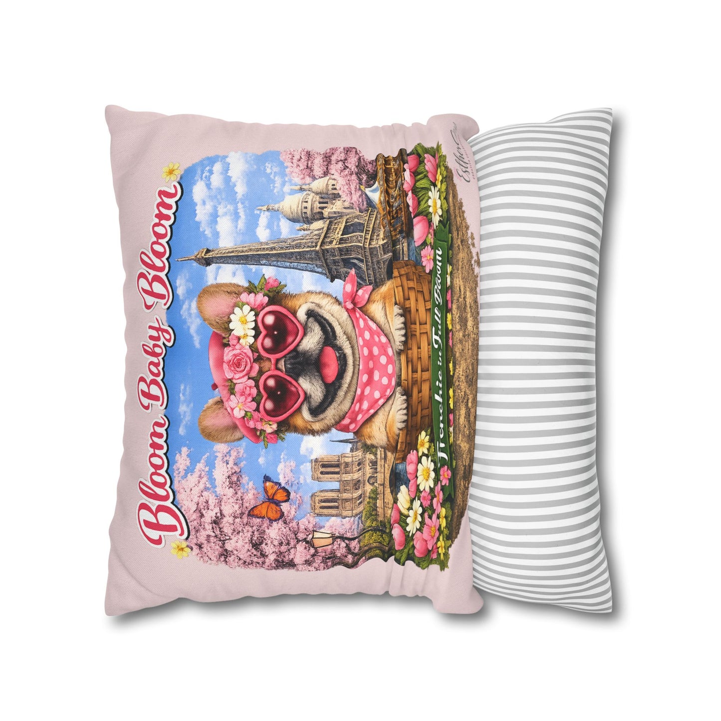 Frenchie in Full Bloom Square Pillow — "Bloom Baby Bloom" Floral Dog Decor