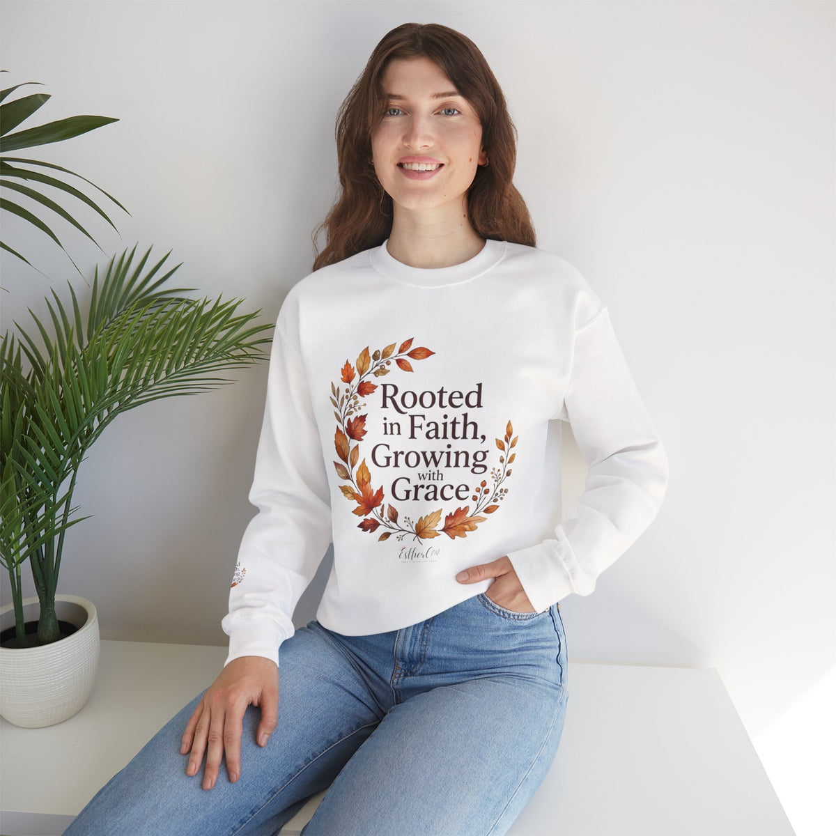 Faith-Inspired Crewneck Sweatshirt — "Rooted in Faith, Growing with Grace" Autumn Wreath