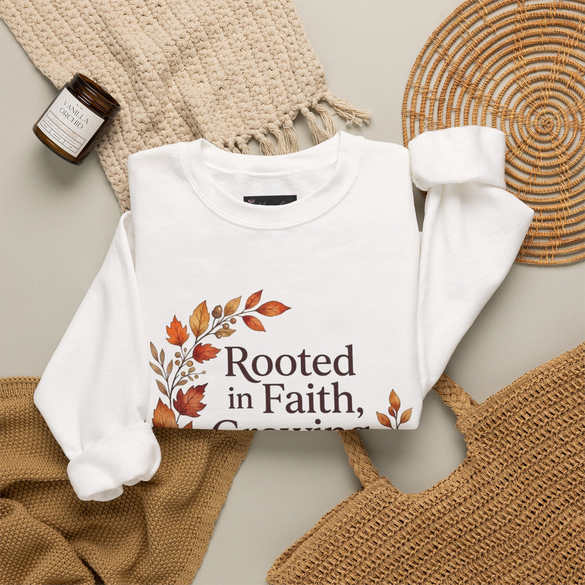 Faith-Inspired Crewneck Sweatshirt — "Rooted in Faith, Growing with Grace" Autumn Wreath