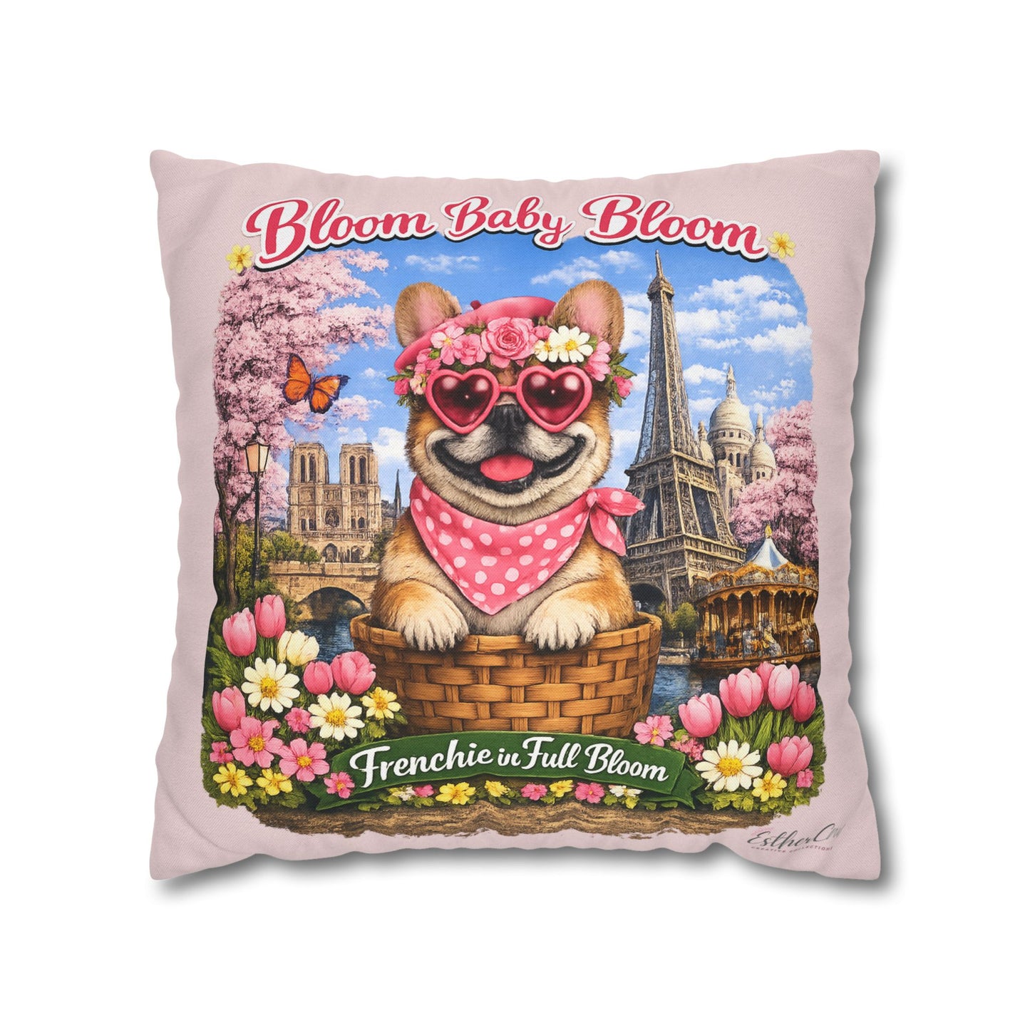 Frenchie in Full Bloom Square Pillow — "Bloom Baby Bloom" Floral Dog Decor