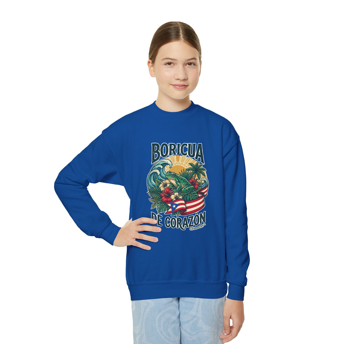 Youth Crewneck Sweatshirt — "Boricua de Corazón / La Isla en Mi Corazón" Puerto Rican Pride Pullover