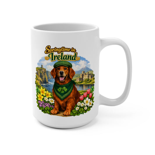 Springtime in Ireland Mug — Lucky Golden Retriever & Shamrock Scenic 15oz Coffee Cup