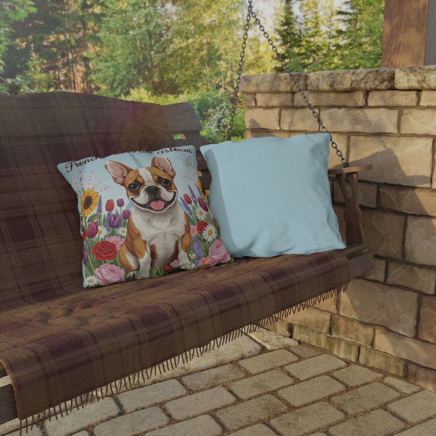 Outdoor Pillow – "Frenchie in Full Bloom" Floral French Bulldog Garden Accent