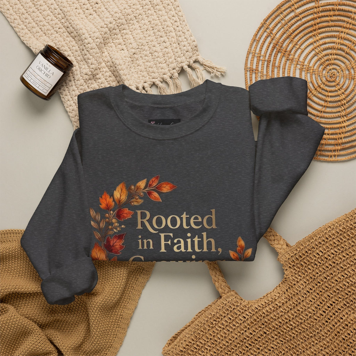 Faith-Inspired Crewneck Sweatshirt — "Rooted in Faith, Growing with Grace" Autumn Wreath