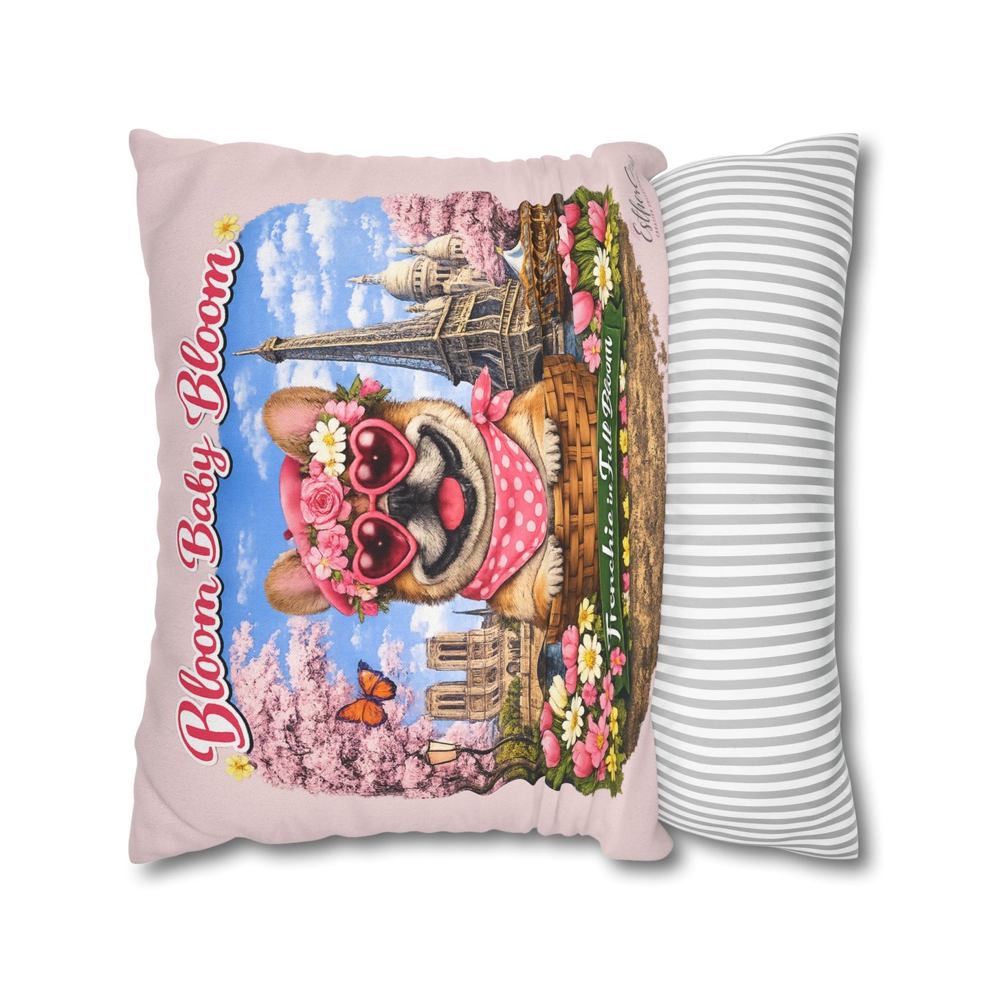 Frenchie in Full Bloom Square Pillow — "Bloom Baby Bloom" Floral Dog Decor