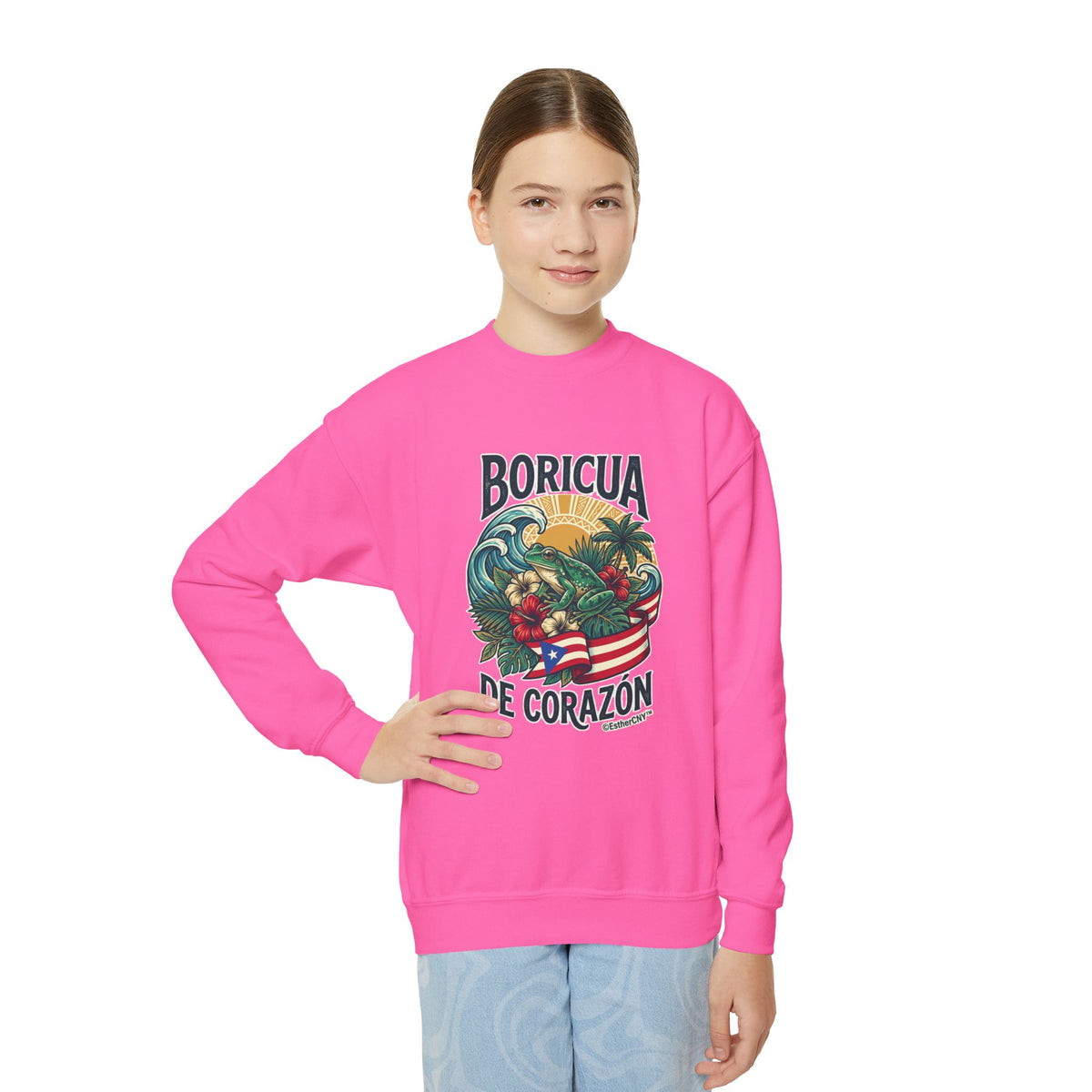 Youth Crewneck Sweatshirt — "Boricua de Corazón / La Isla en Mi Corazón" Puerto Rican Pride Pullover