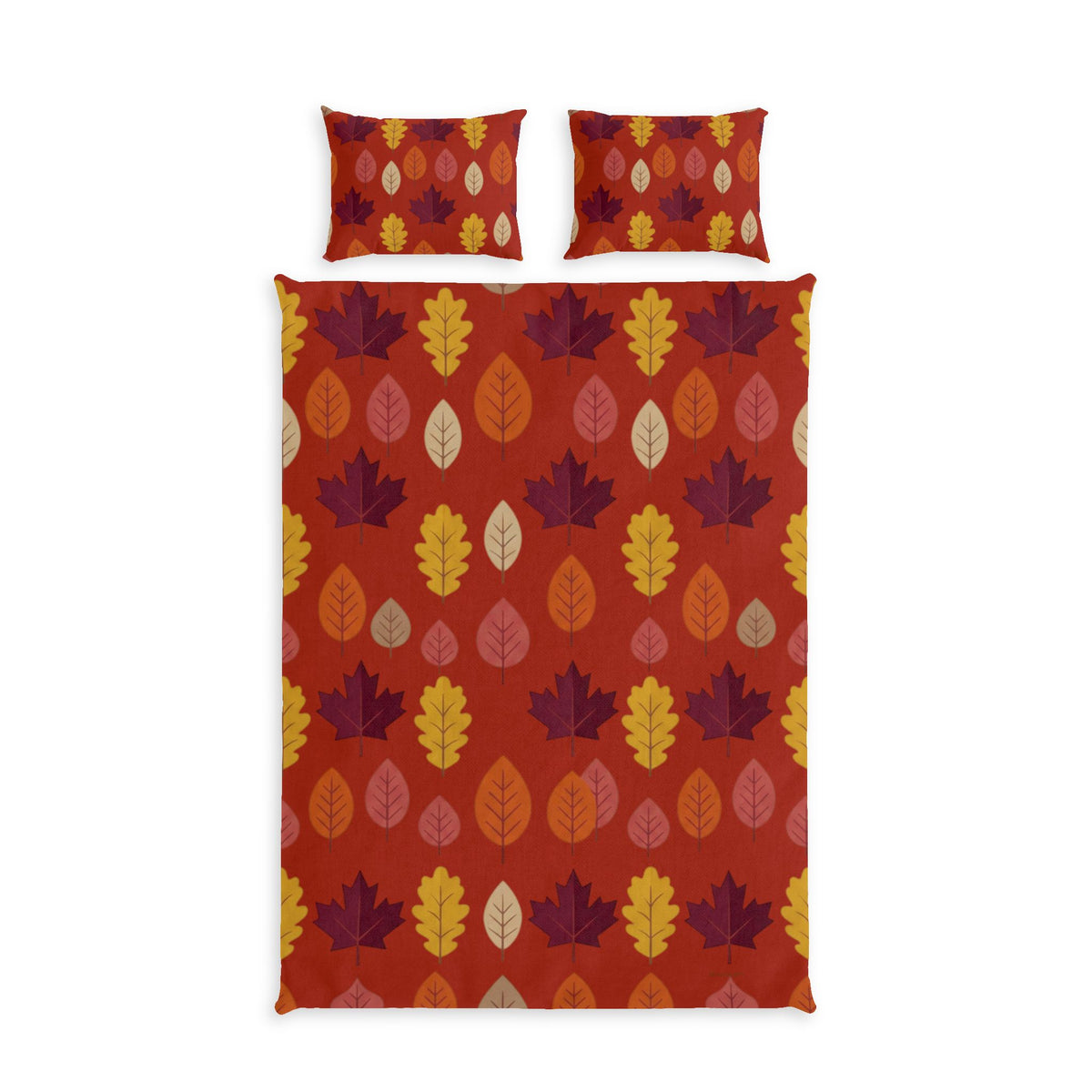 Autumn Leaves Cotton Bed Set — Fall Leaf Pattern Duvet Cover & Pillowcases (Red)