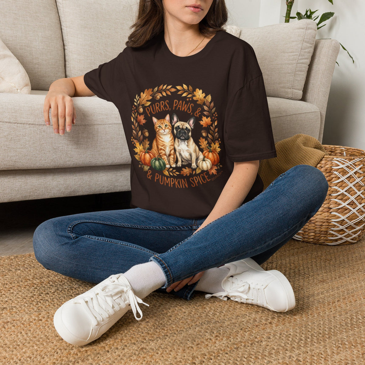 Purrs, Paws & Pumpkin Spice T-Shirt — Fall Cat & Dog Autumn Tee