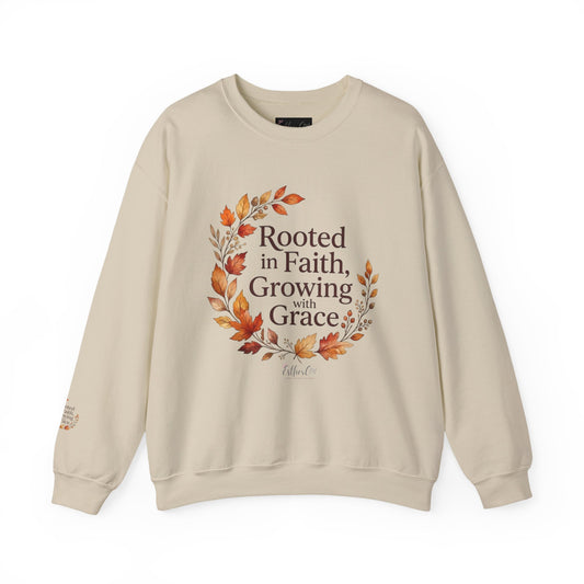 Faith-Inspired Crewneck Sweatshirt — "Rooted in Faith, Growing with Grace" Autumn Wreath