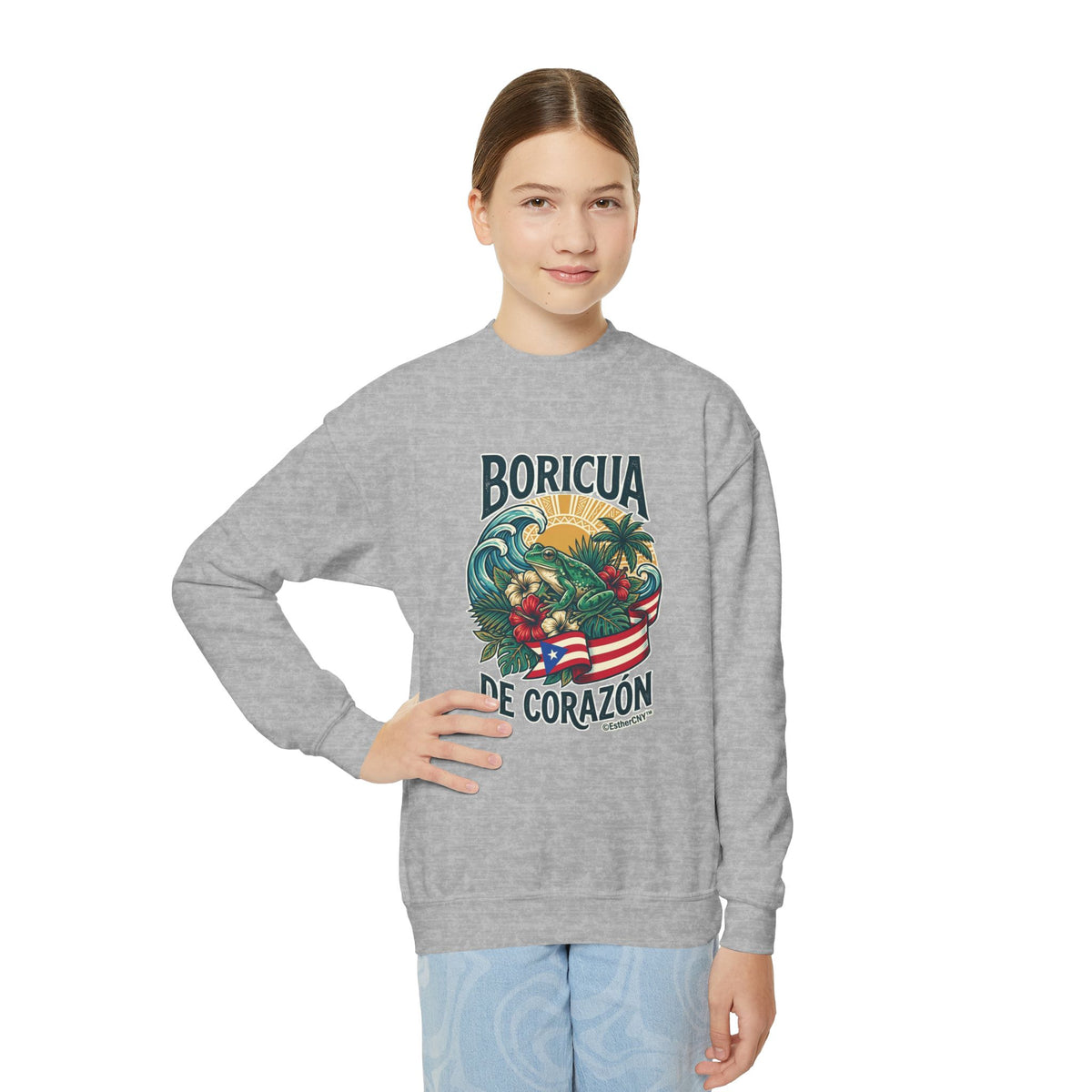 Youth Crewneck Sweatshirt — "Boricua de Corazón / La Isla en Mi Corazón" Puerto Rican Pride Pullover