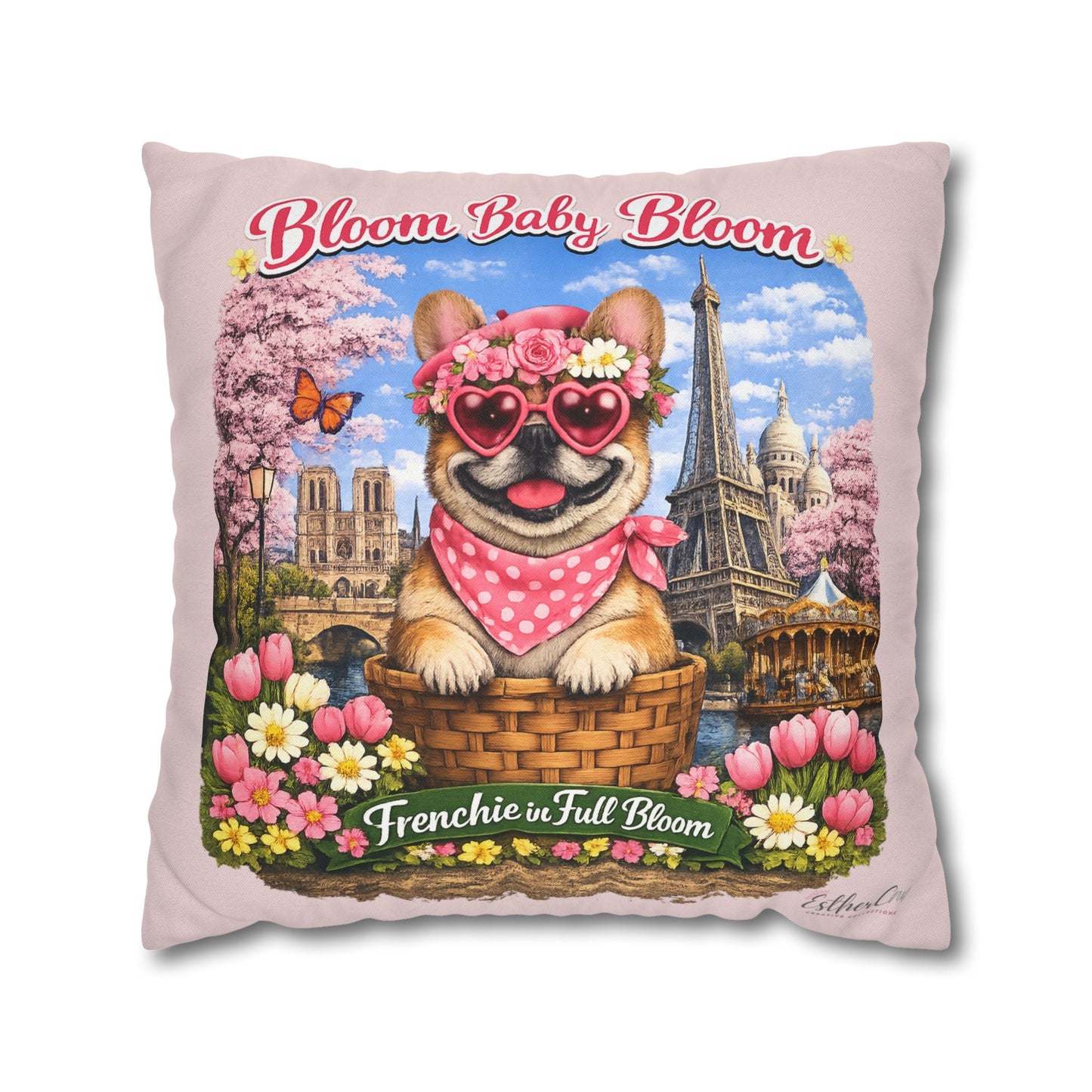 Frenchie in Full Bloom Square Pillow — "Bloom Baby Bloom" Floral Dog Decor