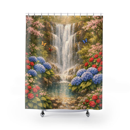 Waterfall Garden Shower Curtain — Hydrangea & Butterfly Bathroom Decor