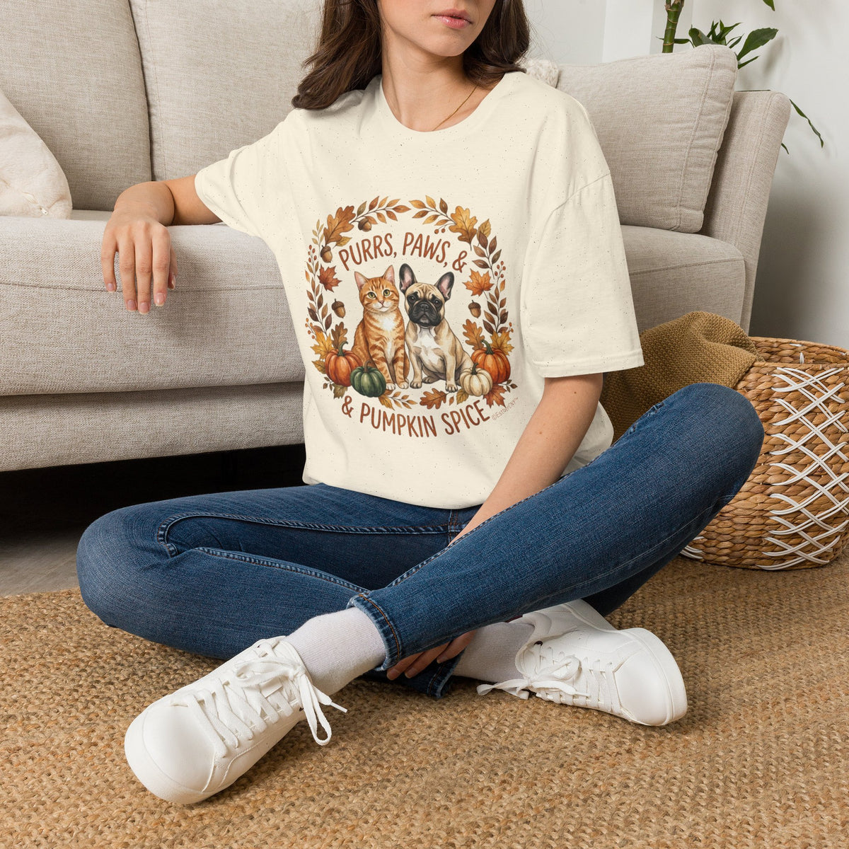 Purrs, Paws & Pumpkin Spice T-Shirt — Fall Cat & Dog Autumn Tee
