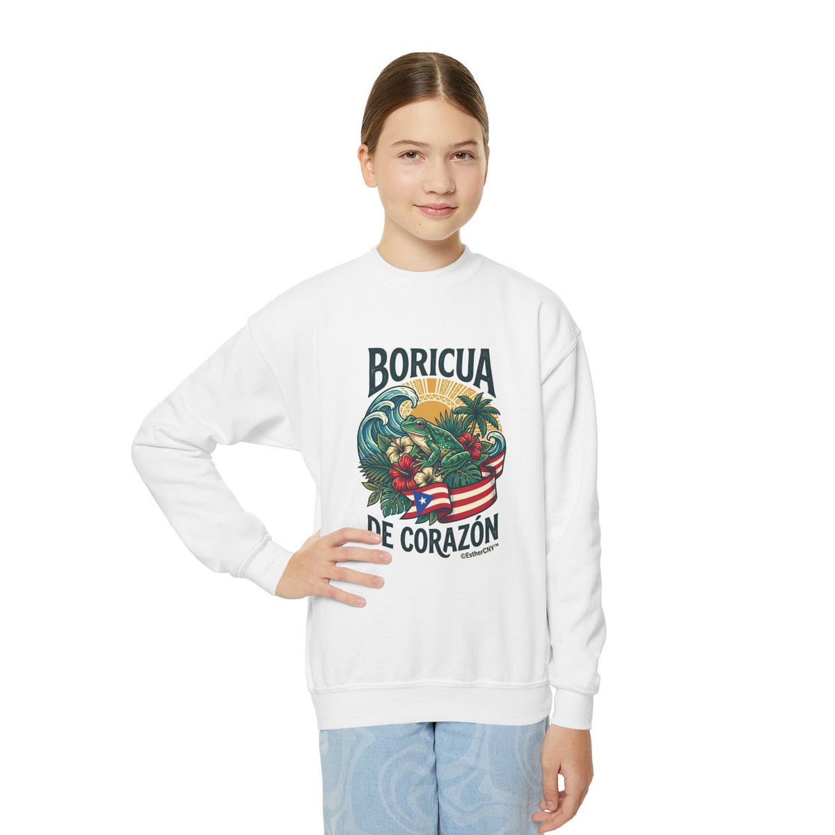 Youth Crewneck Sweatshirt — "Boricua de Corazón / La Isla en Mi Corazón" Puerto Rican Pride Pullover