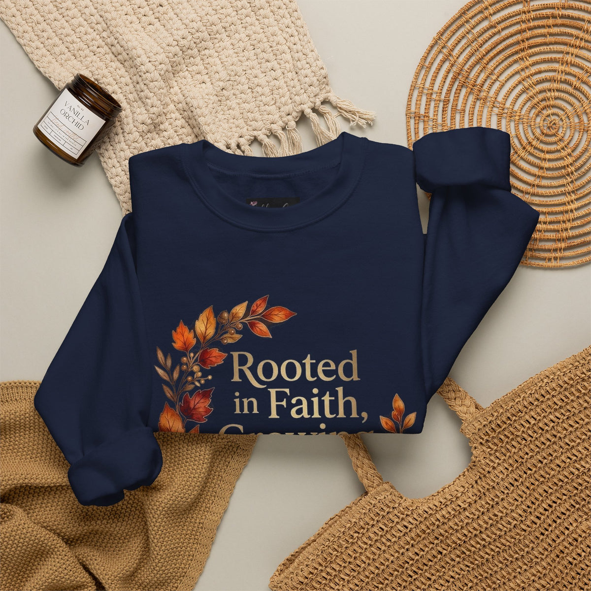 Faith-Inspired Crewneck Sweatshirt — "Rooted in Faith, Growing with Grace" Autumn Wreath