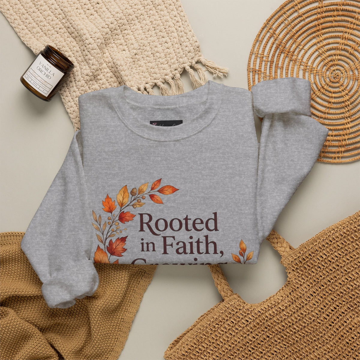Faith-Inspired Crewneck Sweatshirt — "Rooted in Faith, Growing with Grace" Autumn Wreath