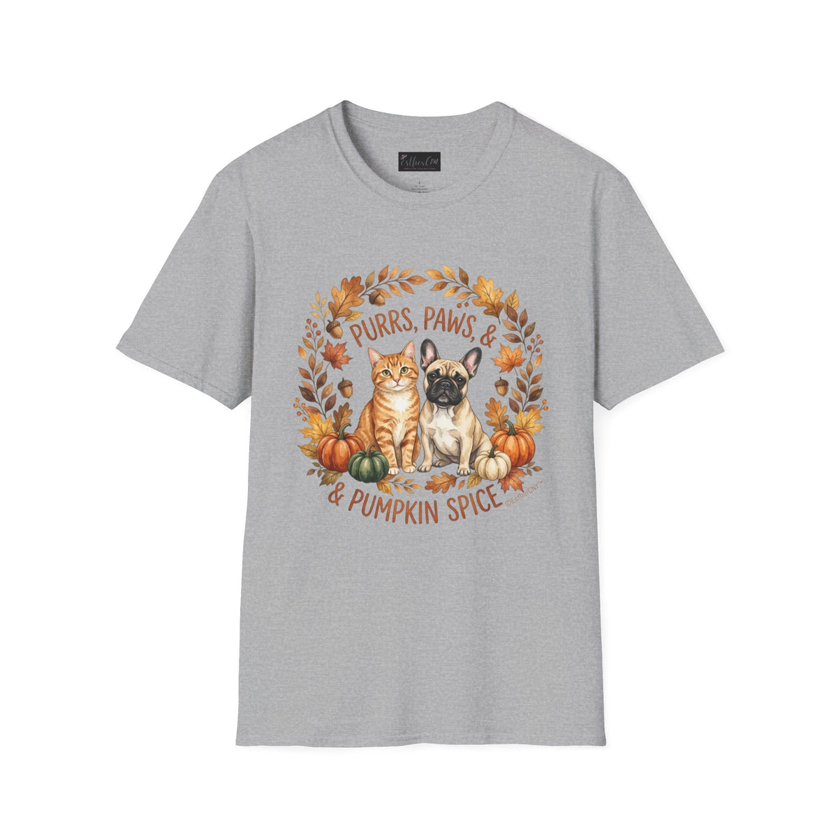 Purrs, Paws & Pumpkin Spice T-Shirt — Fall Cat & Dog Autumn Tee