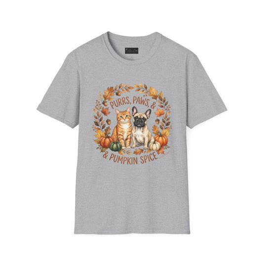 Purrs, Paws & Pumpkin Spice T-Shirt — Fall Cat & Dog Autumn Tee