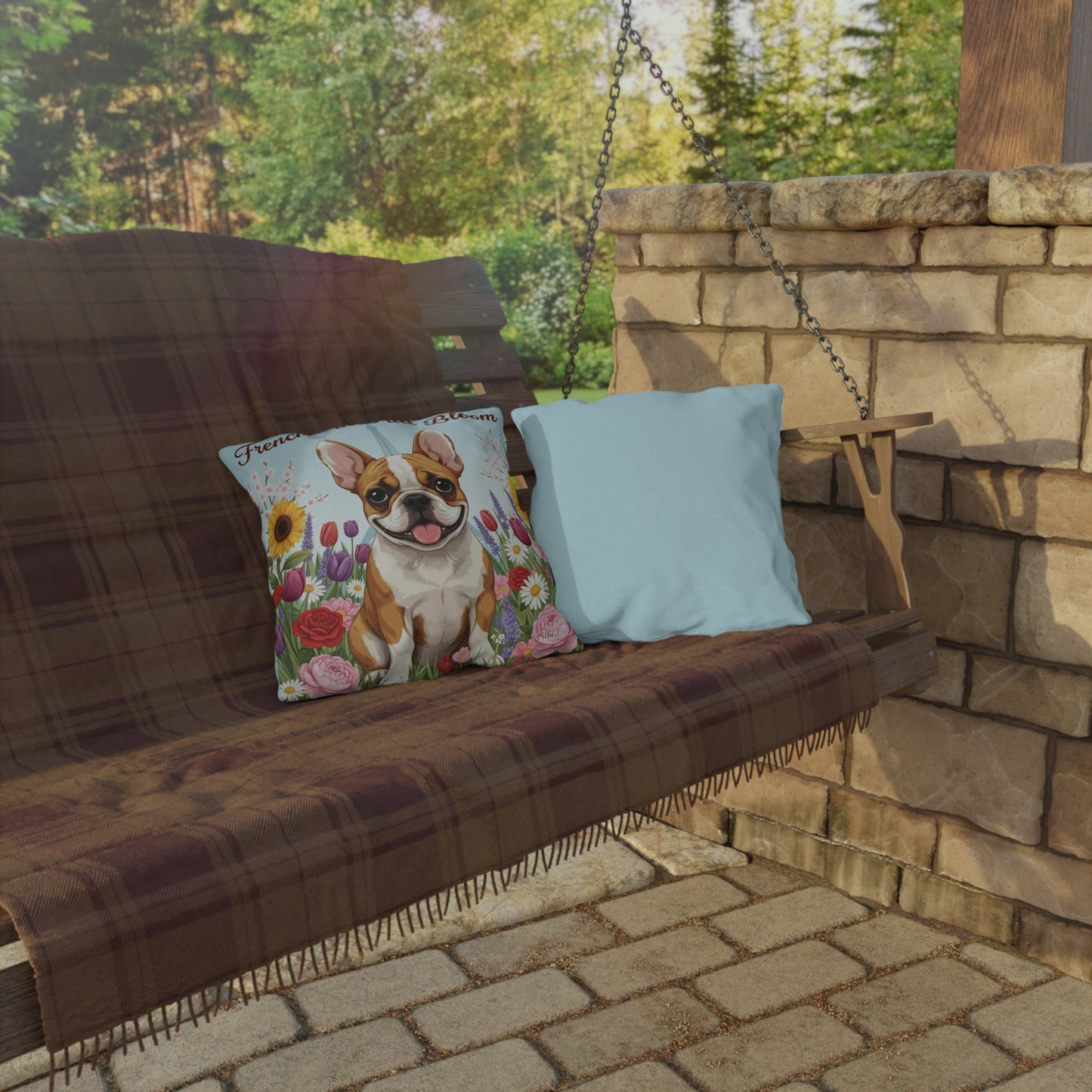 Outdoor Pillow – "Frenchie in Full Bloom" Floral French Bulldog Garden Accent