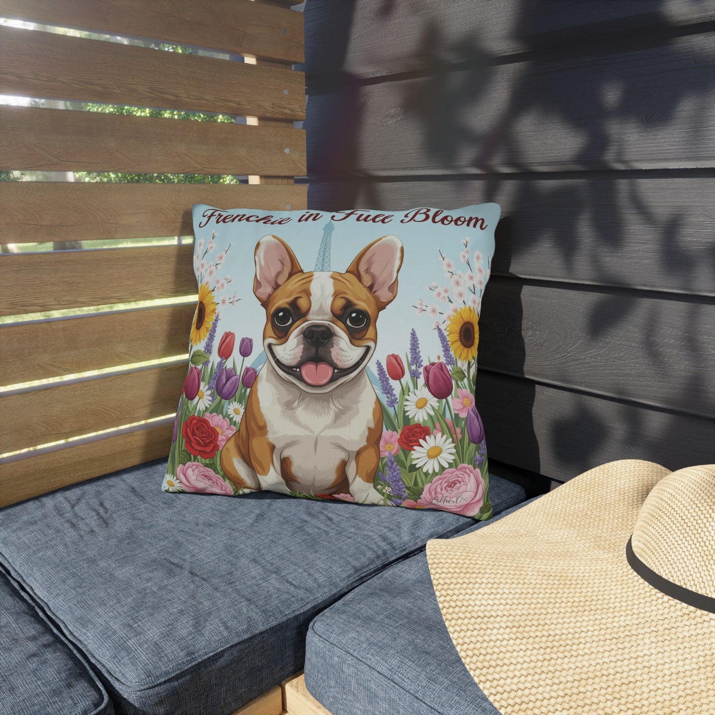 Outdoor Pillow – "Frenchie in Full Bloom" Floral French Bulldog Garden Accent
