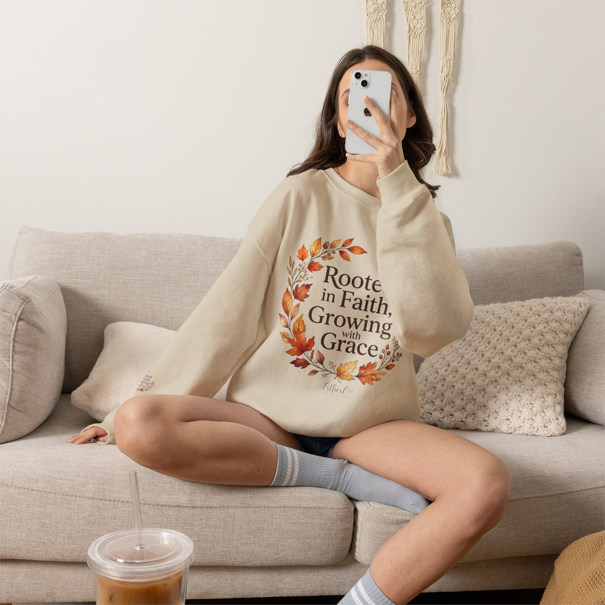 Faith-Inspired Crewneck Sweatshirt — "Rooted in Faith, Growing with Grace" Autumn Wreath