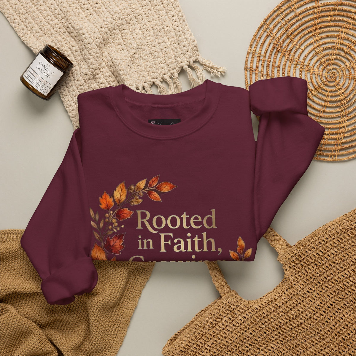 Faith-Inspired Crewneck Sweatshirt — "Rooted in Faith, Growing with Grace" Autumn Wreath