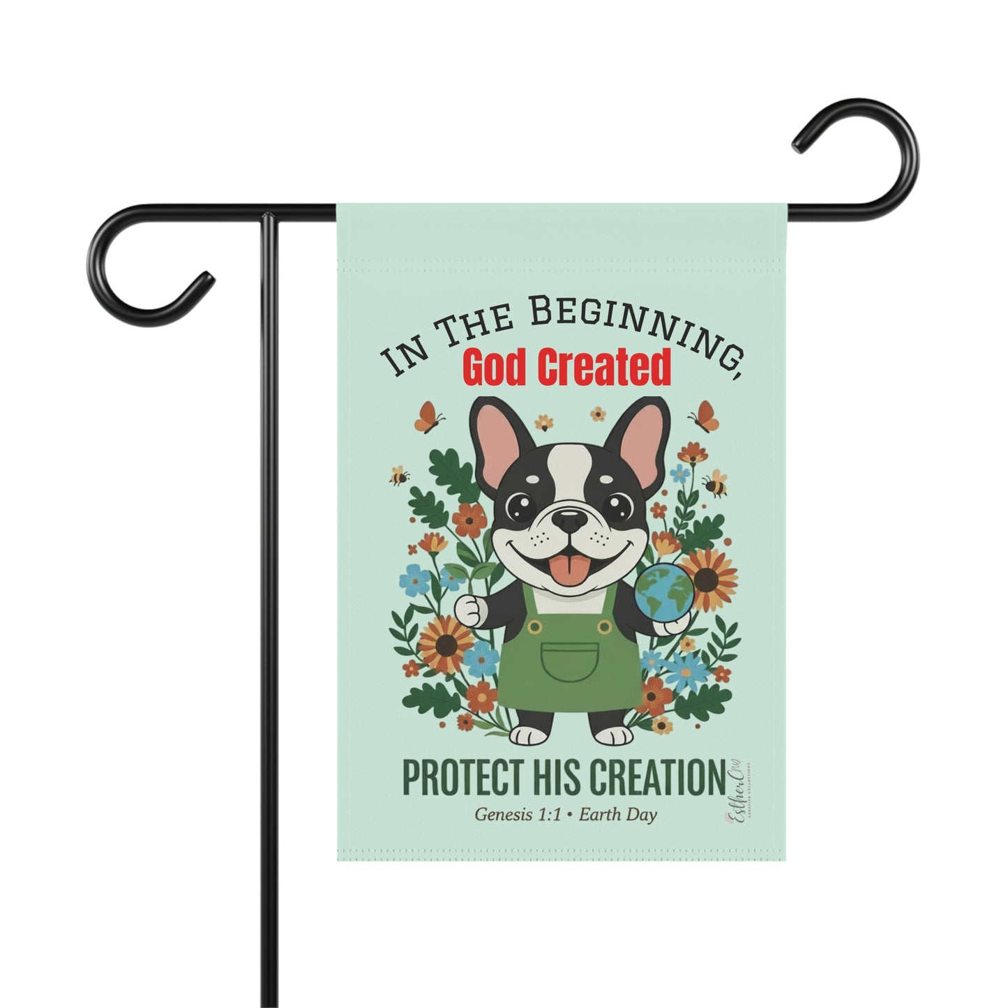 Garden Flag — “Protect His Creation” Floral Dog Garden Banner (Genesis 1:1, Earth Day)