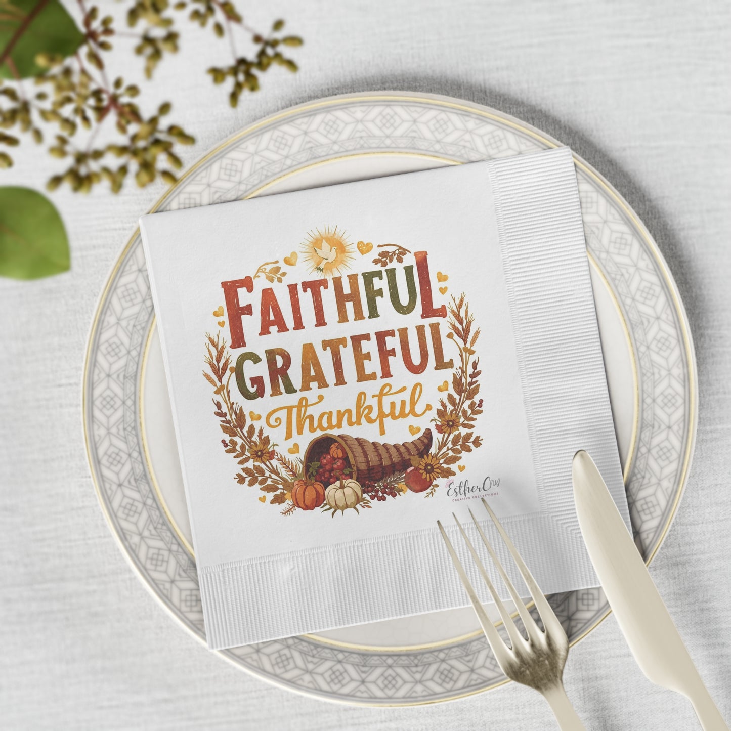 Faithful Grateful Thankful Cocktail Napkins — Fall Thanksgiving Party Napkins