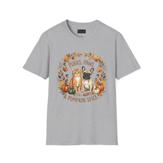 Purrs, Paws & Pumpkin Spice T-Shirt — Fall Cat & Dog Autumn Tee